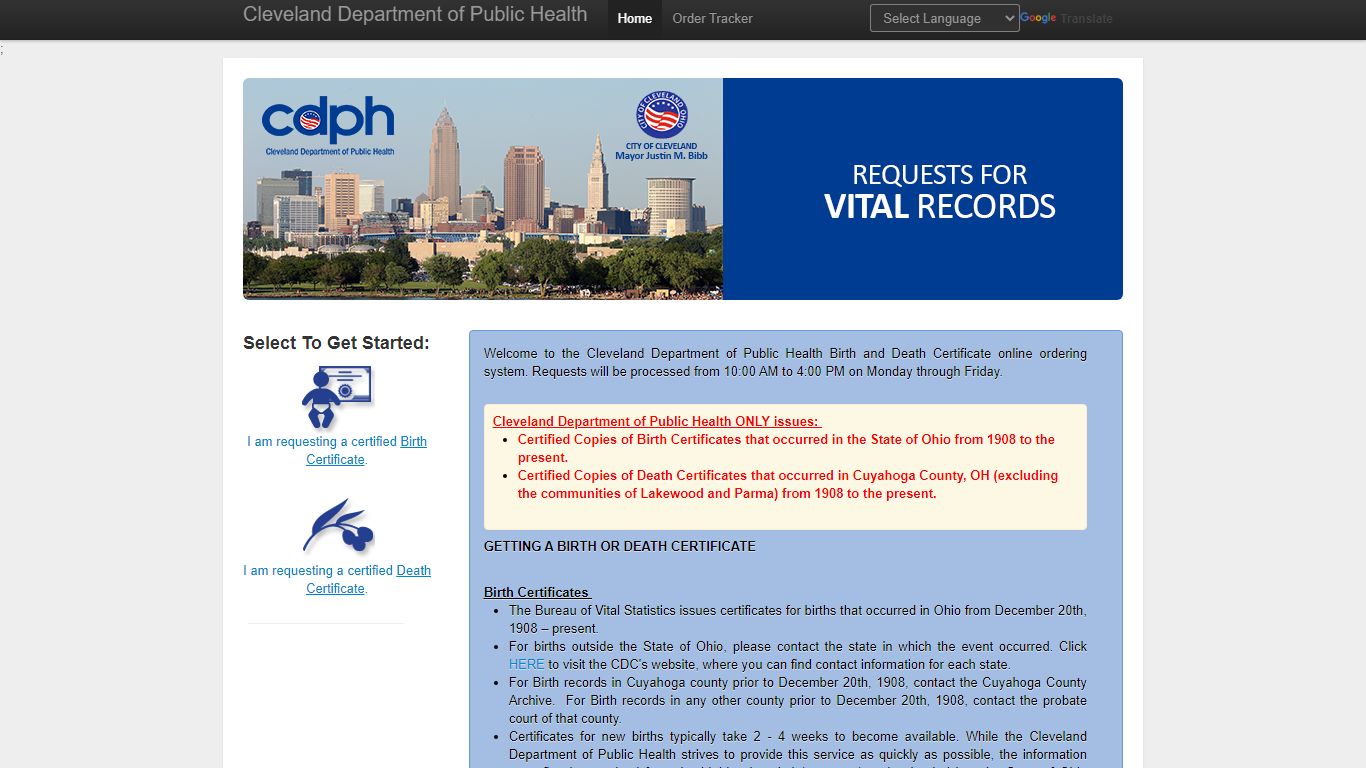 Cleveland Department of Public Health Online Birth and Death ...